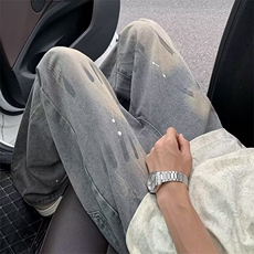 839-P41美式高街泼墨牛仔裤男春秋季设计感宽松直筒长裤，男装牛仔裤，电商B323A