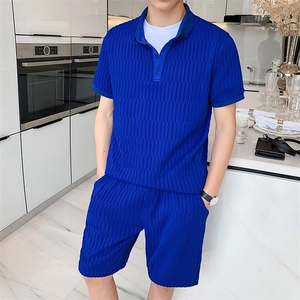 蓝色2022精神小伙修身男士短袖T恤短裤休闲套装TZ28-P85控115图片
