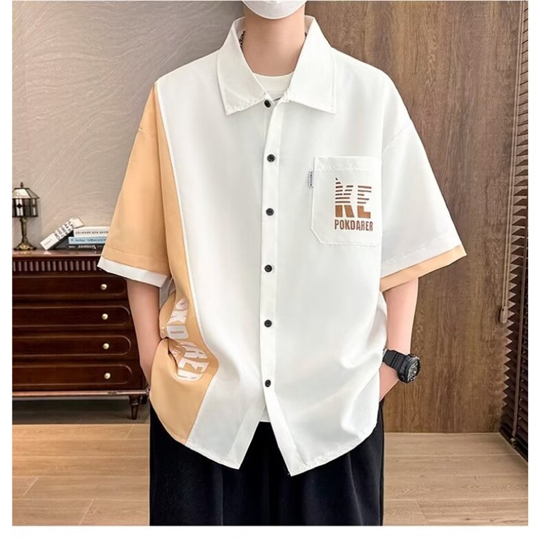 工装短袖衬衫男款夏季撞色宽松衬衣美式复古休闲潮流纯色拼接半袖,男装衬衫,星座1013
