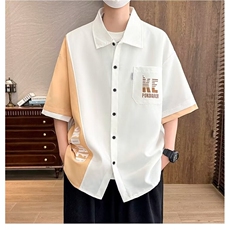 工装短袖衬衫男款夏季撞色宽松衬衣美式复古休闲潮流纯色拼接半袖，男装衬衫，星座1013