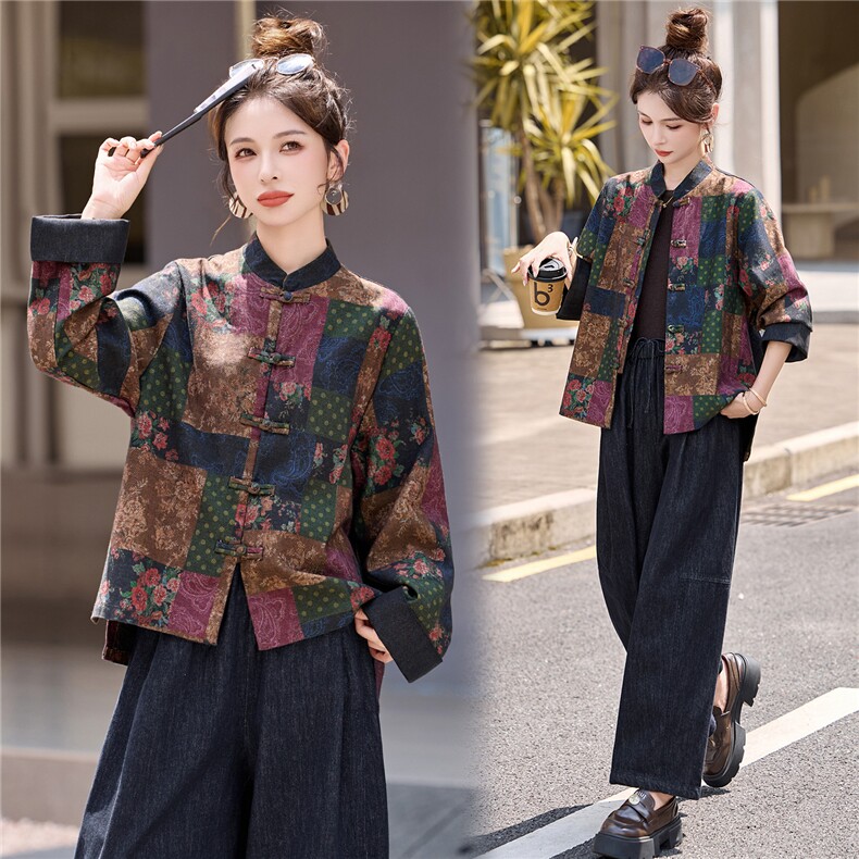 现货新中式盘扣短外套女2025秋季新款复古印花高级感气质减龄上衣，女装短外套，韩宇舍