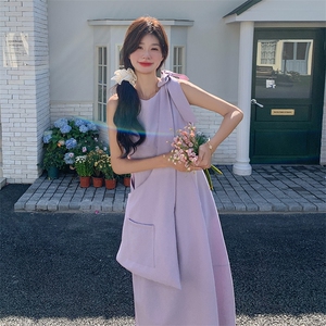 法式紫色无袖背心裙连衣裙子女装夏季2025新款简单甜美长裙带包包图片