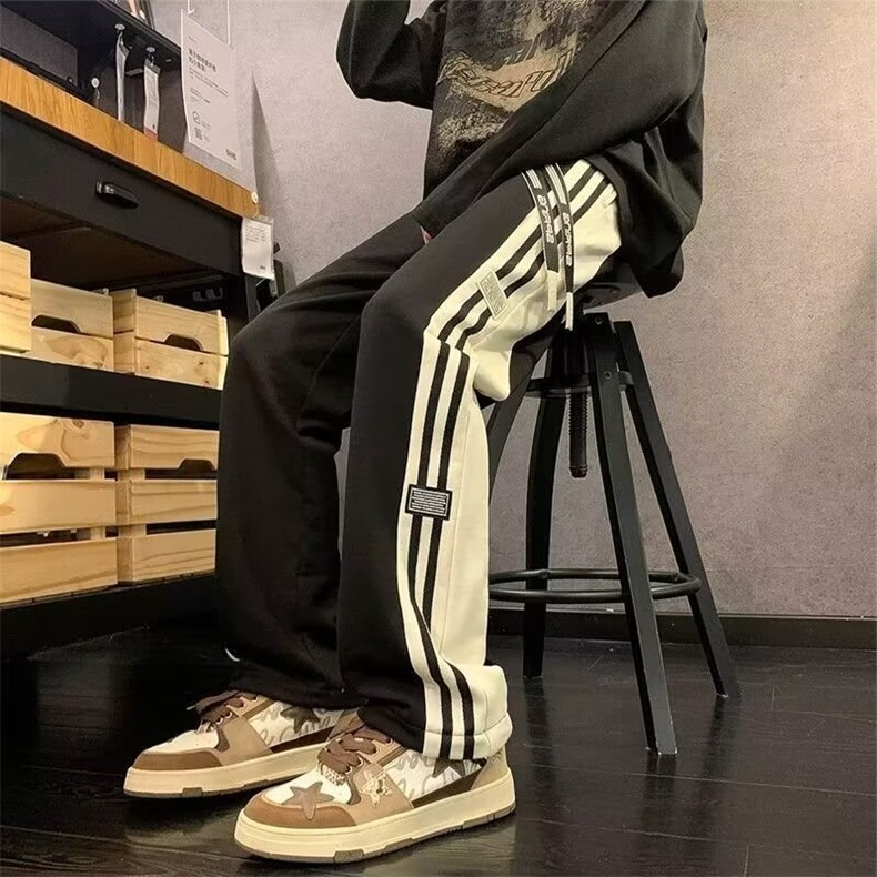 现货美式条纹卫裤男秋冬季潮牌痞帅炸街青少年宽松大码运动直筒裤图片