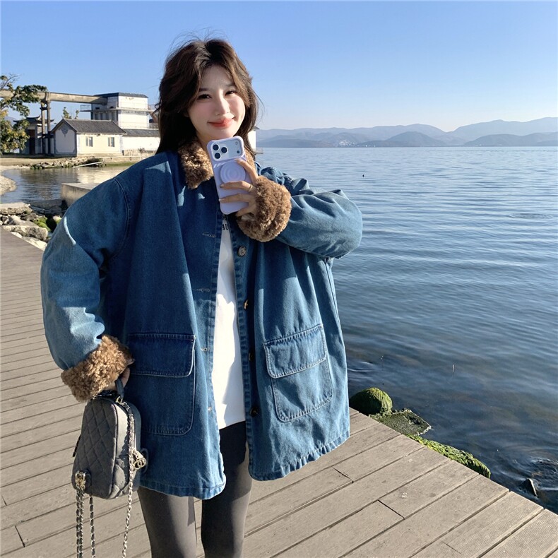 港风复古毛绒拼接中长款牛仔羽绒服女冬季2025年新款90绒轻暖外套,女装羽绒服,2C159