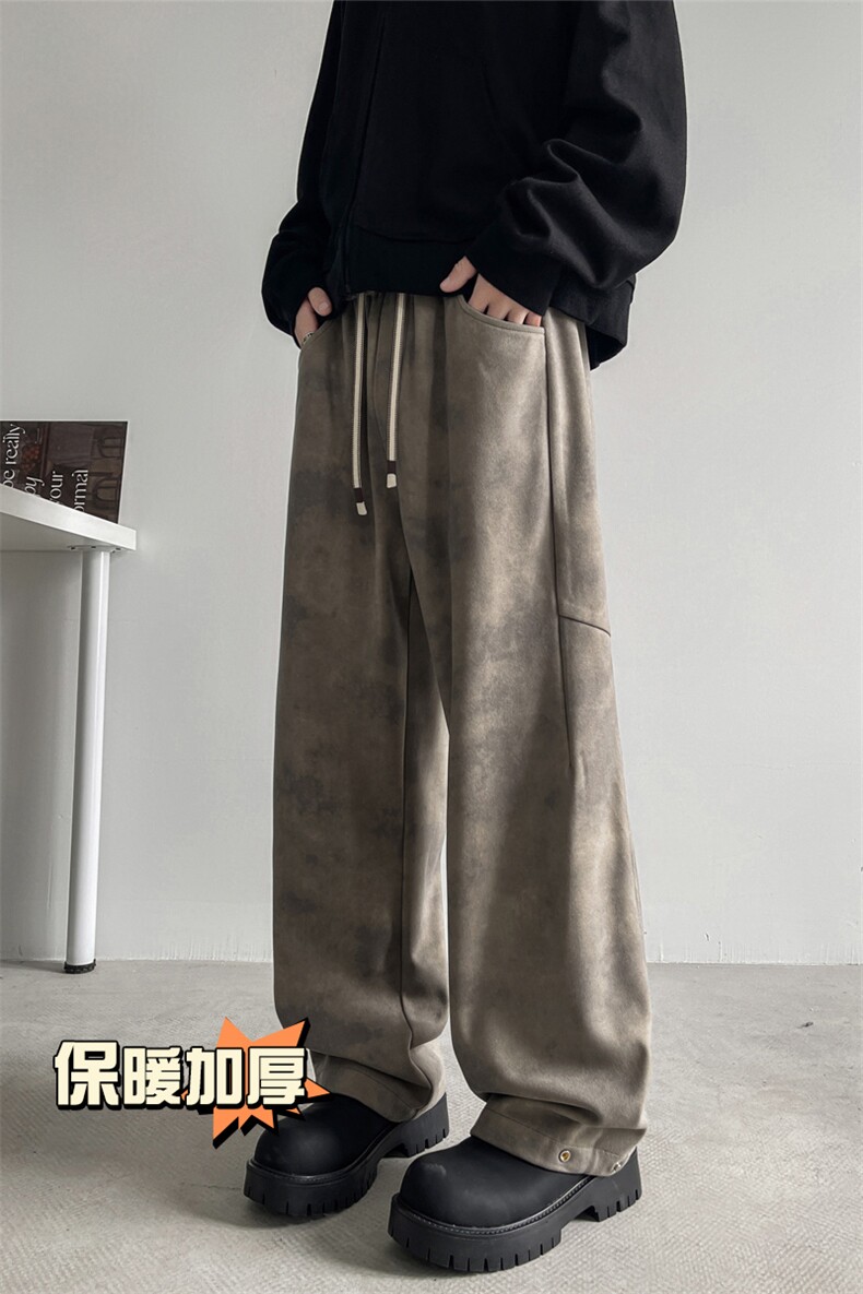 加厚保暖潮牌直筒拖地阔腿裤扎染脏脏布纽扣收脚毛呢裤男7991-P65,男装休闲裤,电商C305A