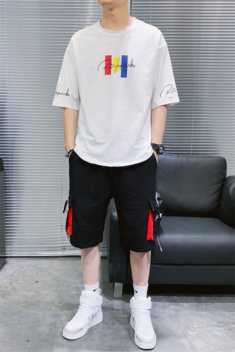 2023夏季棉质短袖t恤男潮流帅气宽松工装裤五分袖套装男F179P70,男装休闲套装,电商A086