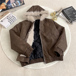 加绒加厚冬款男女连帽棉衣扎染PU皮棉袄毛领保暖皮棉服MY94 P110图片