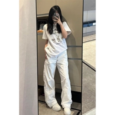 现货美式高街白色伞兵裤女薄夏季宽松阔腿运动休闲裤WLK244-P45，男装休闲裤，星座1008