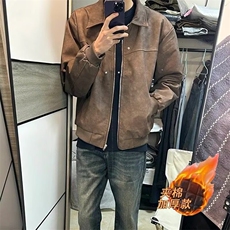 美式复古棕色翻领皮衣夹克外套男女夹棉高级感麂皮情侣款夹克潮，男装夹克，星座506A