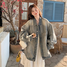 高街美式复古水洗做旧牛仔外套女春季2025新款oversize中长款夹克，女装短外套，2C122