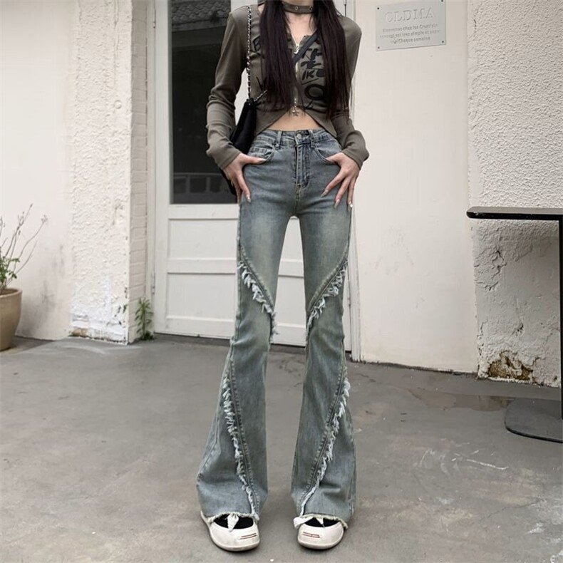 美式微喇牛仔裤女春秋新款高腰显瘦设计感小个子毛边喇叭牛仔裤潮,男装牛仔裤,星座1210-1