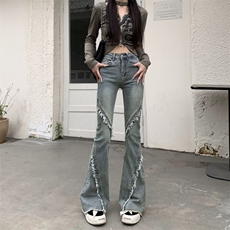 美式微喇牛仔裤女春秋新款高腰显瘦设计感小个子毛边喇叭牛仔裤潮，男装牛仔裤，星座1210-1
