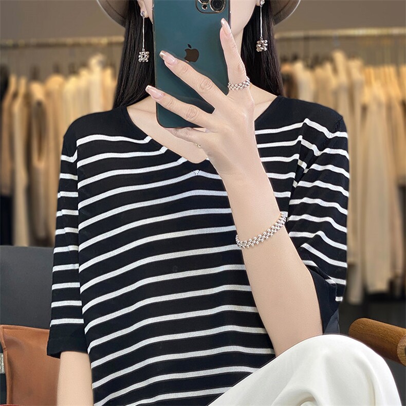 洋气减龄V领冰丝条纹针织短袖T恤女宽松休闲薄款小衫显瘦撞色上衣图片