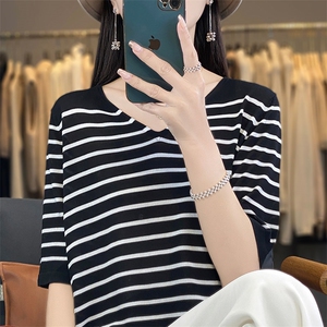 洋气减龄V领冰丝条纹针织短袖T恤女宽松休闲薄款小衫显瘦撞色上衣图片