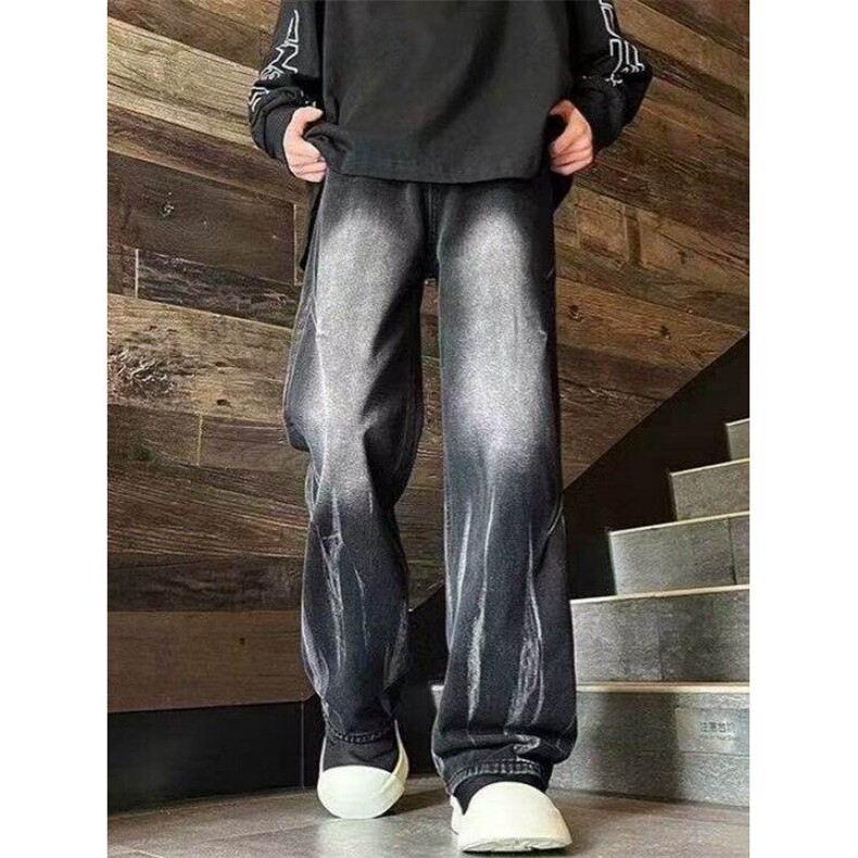 高质量渐变火焰纹牛仔裤男潮牌春秋季美式复古高街风直筒阔腿裤图片