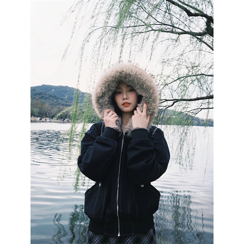 现货重磅boxy短款棉衣座山雕大毛毛领男女棉服水洗工装厚外套,男装棉衣,电商A486-1