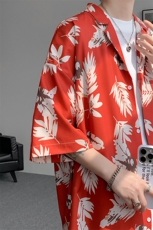 8XL-M冰丝凉感衬衣垂感透气复古花纹宽松男五分袖短袖衬衫CS526，男装T恤，电商D206-1