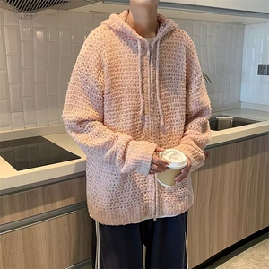 高级感开衫毛衣男ins高街连帽镂空针织衫薄款情侣装外套B6020/P50图片
