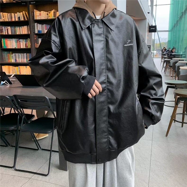 春秋机车服皮衣男宽松潮流帅气男士痞帅青年潮皮夹克外套 PY9216图片
