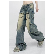 2025美式街头设计感阔腿工装长裤男女宽松水洗复古风牛仔裤网图，男装牛仔裤，星座613