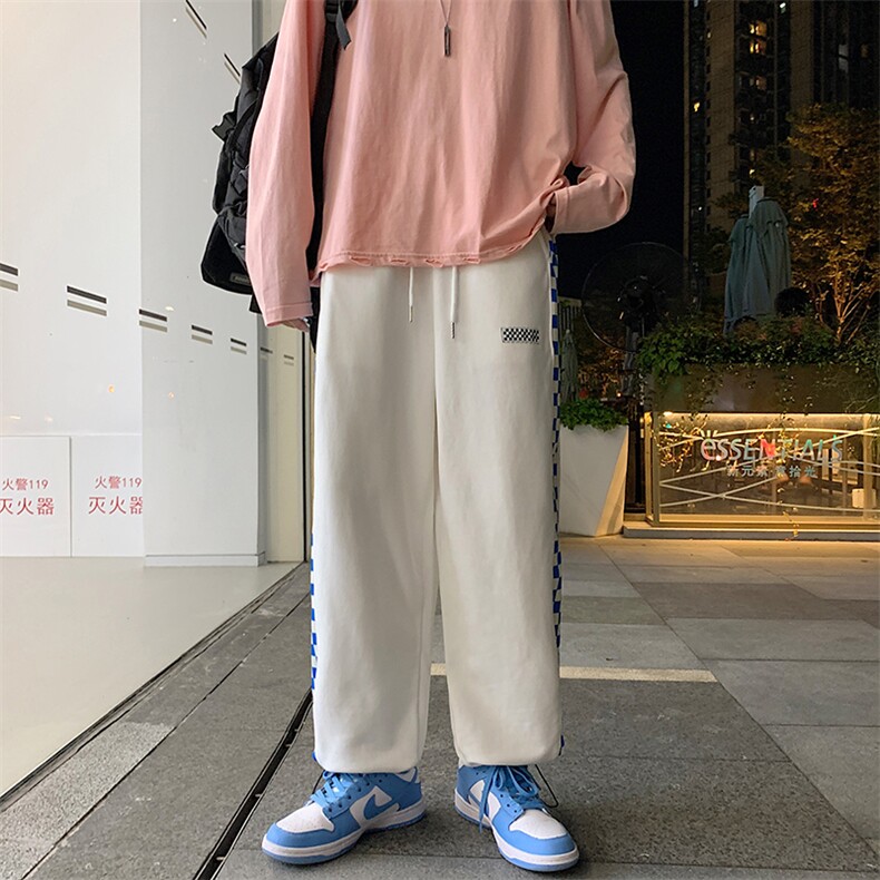 港风阔腿裤2023春季新款拼接格子男潮流宽松ins帅休闲裤K2071-P30图片