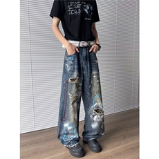 美式复古街头涂鸦水洗cleanfit牛仔裤男直筒宽松破洞阔腿长裤子潮，男装牛仔裤，星座410-6（原星座1304-1）