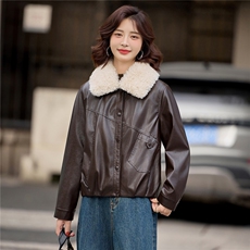 【冬季新款】大量现货时尚潮流加绒加厚可脱卸毛领皮棉外套，女装皮衣，缘衣格
