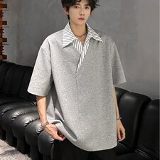 美式假两件正肩POLO衫男款夏季设计感翻领条纹衬衫领拼接短袖T恤，男装T恤，星座715-4