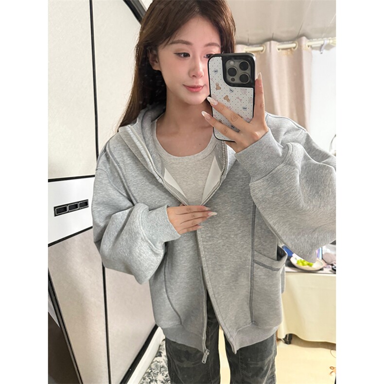 抖音得物高品质秋冬美式高街重磅结构辑明线纹理连帽卫衣外套W111,女装短外套,电商A486-1