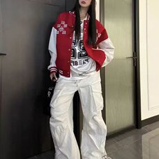 美式珍珠刺绣拼接撞色棒球服外套男女春季情侣休闲宽松夹克，男装夹克，星座506A