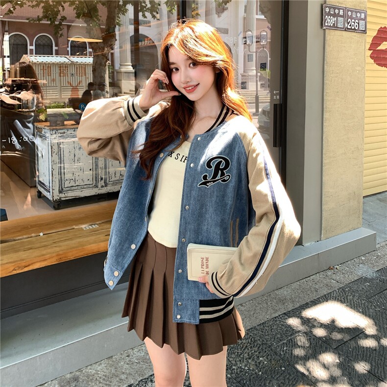 【现货】撞色字母刺绣棒球服牛仔外套82701-P155-K228,女装短外套,2B076