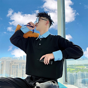 AW206/P78控108秋季社会小伙假两件百搭撞色拼接打底卫衣男黑首图片