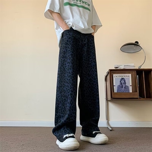 暗花豹纹复古牛仔裤男款夏季直筒豹纹设计感高街裤子 K6178图片