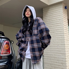 D305-P60复古港风休闲格子衬衫男女慵懒情侣连帽外套春秋，男装衬衫，星座911