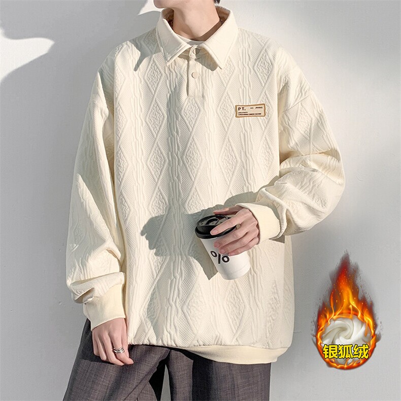 冬季潮牌翻领贴标宽松青少年银狐绒提花Polo卫衣男W325J加绒-P60,男装卫衣,电商A001