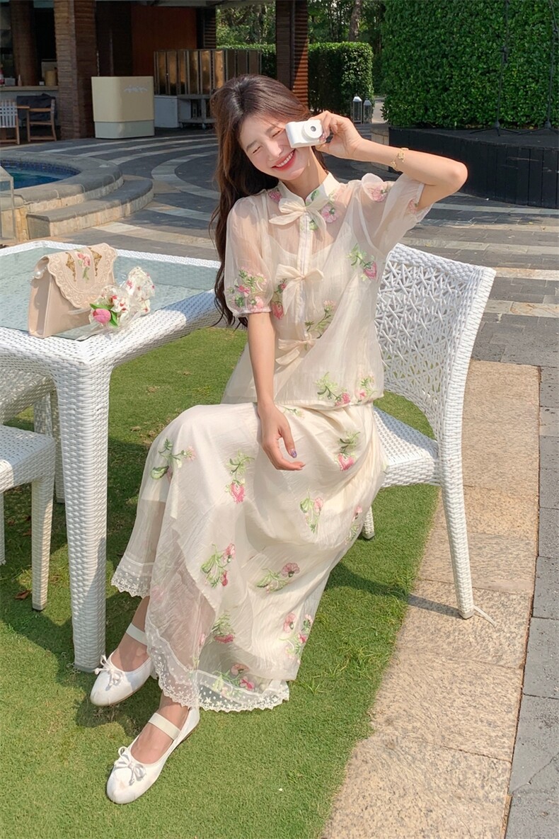 新中式国风套装女夏法式别致碎花上衣半身裙两件套气质穿搭一整套,女装套装/套裙,2C230
