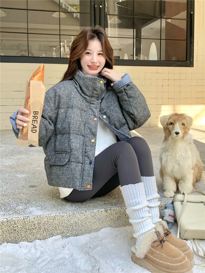 韩系灰色撞色短款羽绒服外套女冬2025新款设计保暖白鸭绒气质外套,女装羽绒服,艾米莉亚