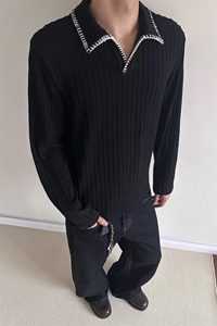 网图慎用 翻领手缝线麦穗纹老钱风长袖T恤男大码T24524-特P40控78图片