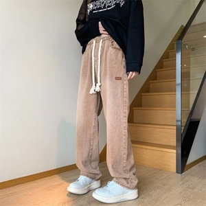 棕咖色牛仔裤男休闲长裤炸街痞帅裤子系绳贴标牛仔裤N234P43
