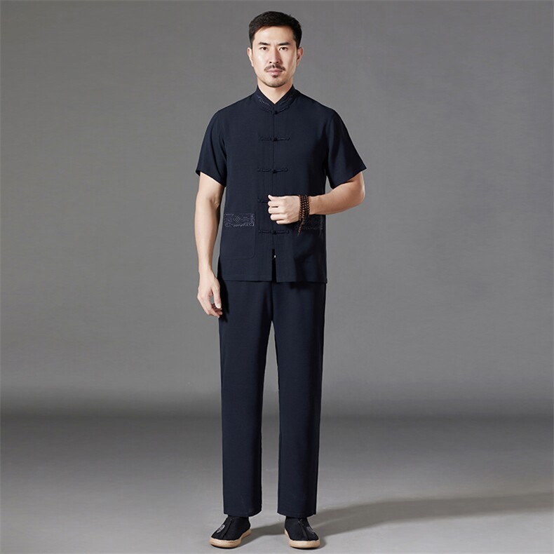 中老年棉麻套装高档唐装太极服中式刺绣立领短袖风时尚男夏装,男装中老年男装,钱塘723