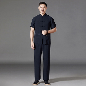 中老年棉麻套装高档唐装太极服中式刺绣立领短袖风时尚男夏装图片