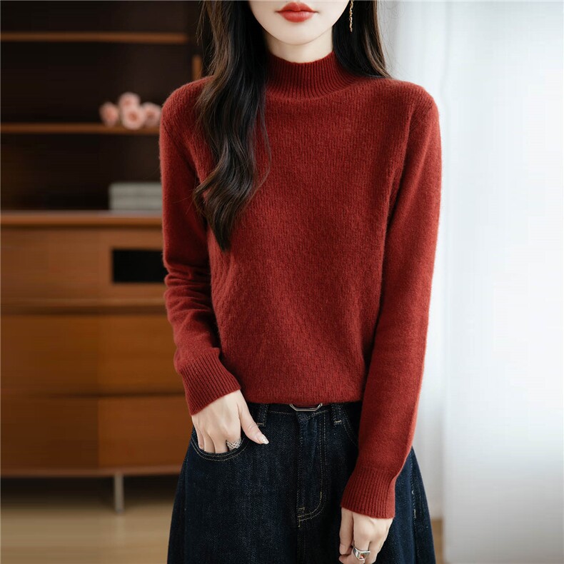 法式无缝100纯羊毛半高领针织衫女2025秋冬新款保暖内搭提花毛衣,女装羊毛衫,绒汀羊绒