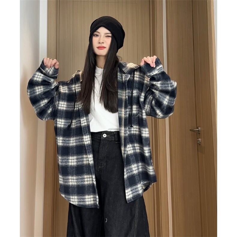 J5025/特P45秋装新款格子连帽衬衫外套男女2025年慵懒风休闲上衣，男装衬衫，电商A141