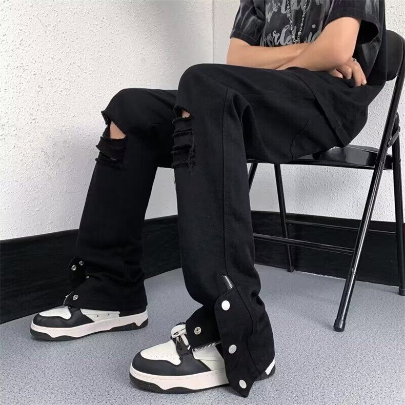 破洞牛仔裤男夏季直筒排扣休闲长裤子男微喇宽松工装裤N125,男装牛仔裤,星座1116A-1（原606A）