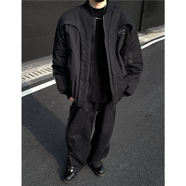冬季解构弧形设计感飞行员棉服机车夹克男加厚保暖棒球棉衣p98,男装棉衣,电商C307