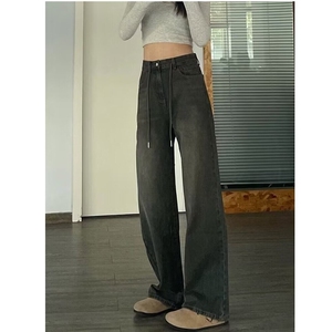 美式高腰复古抽绳休闲牛仔裤女秋冬宽松显瘦阔腿裤做旧直筒拖地裤图片