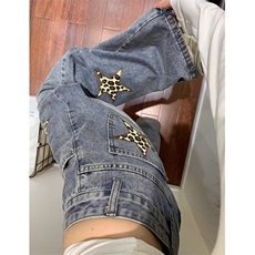 豹纹贴皮弯刀牛仔裤男欧美街头水洗高腰阔腿裤子春N579，男装牛仔裤，星座1116A（原606A-3）