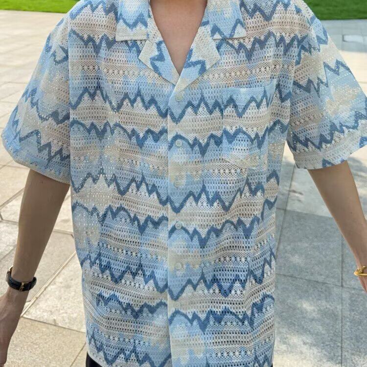 高品质夏威夷镂空短袖衬衫空肌理感夏威夷花衬衫图片