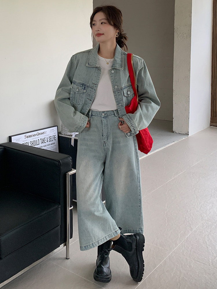 浅蓝色复古牛仔套装女2025春新款甜酷风时尚外套七分阔腿裤两件套,女装套装/套裙,浙宝305