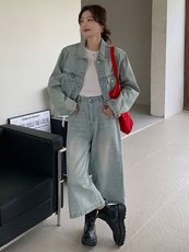 浅蓝色复古牛仔套装女2025春新款甜酷风时尚外套七分阔腿裤两件套，女装套装/套裙，浙宝305